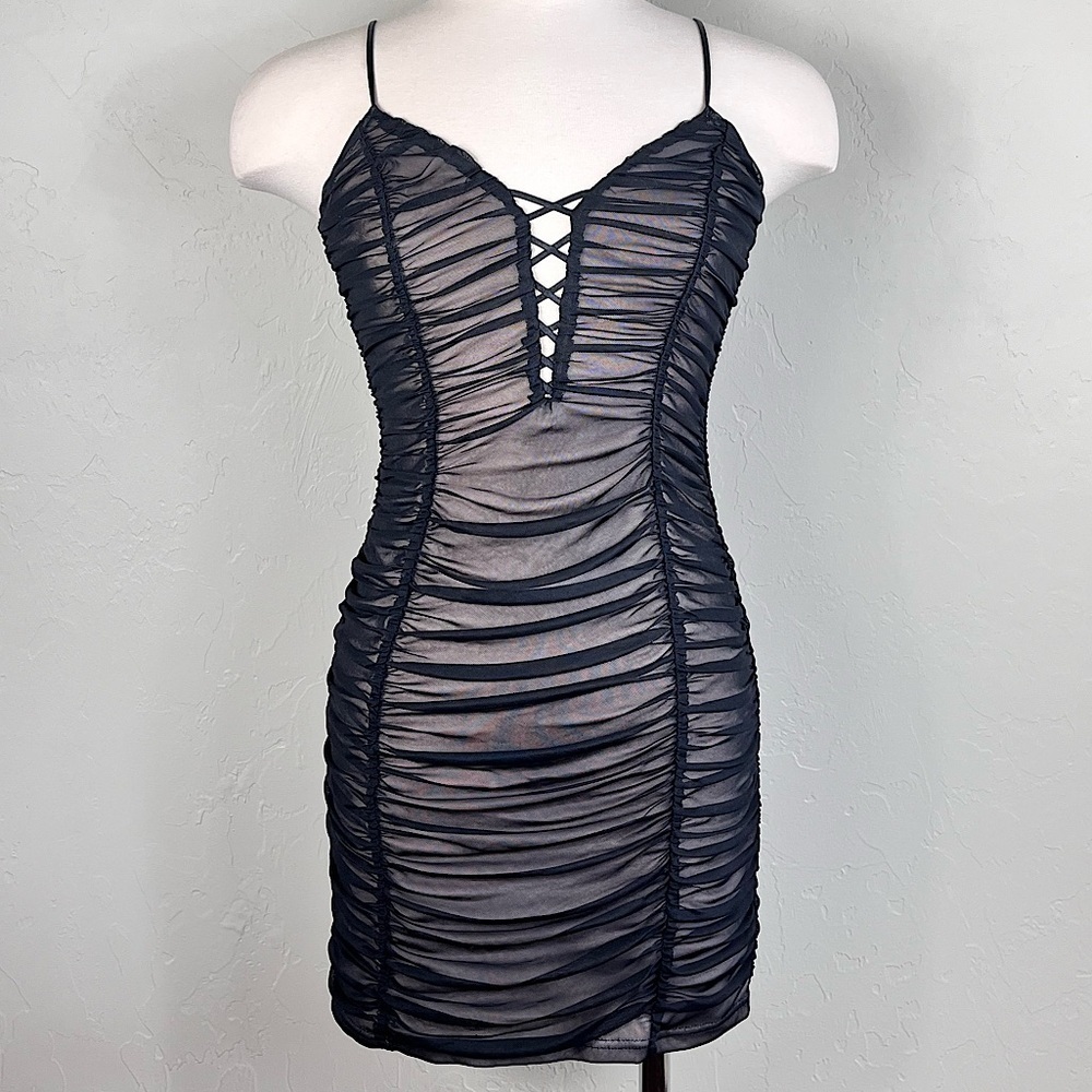 Black Ruched Criss Cross Front Mini Dress